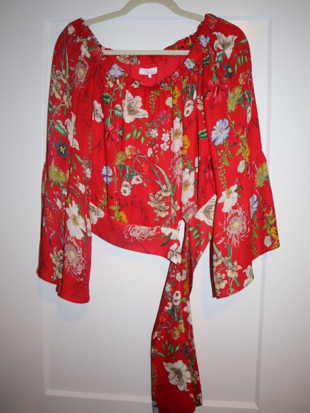 Parker Red Floral Tie Waist Bell Sleeve Blouse Size Small